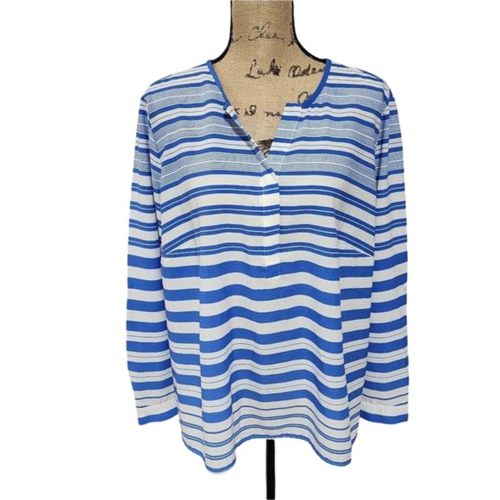 Talbots Woman Petites 2XP Blue White Striped Split Neck Roll Tab Sleeve Blouse